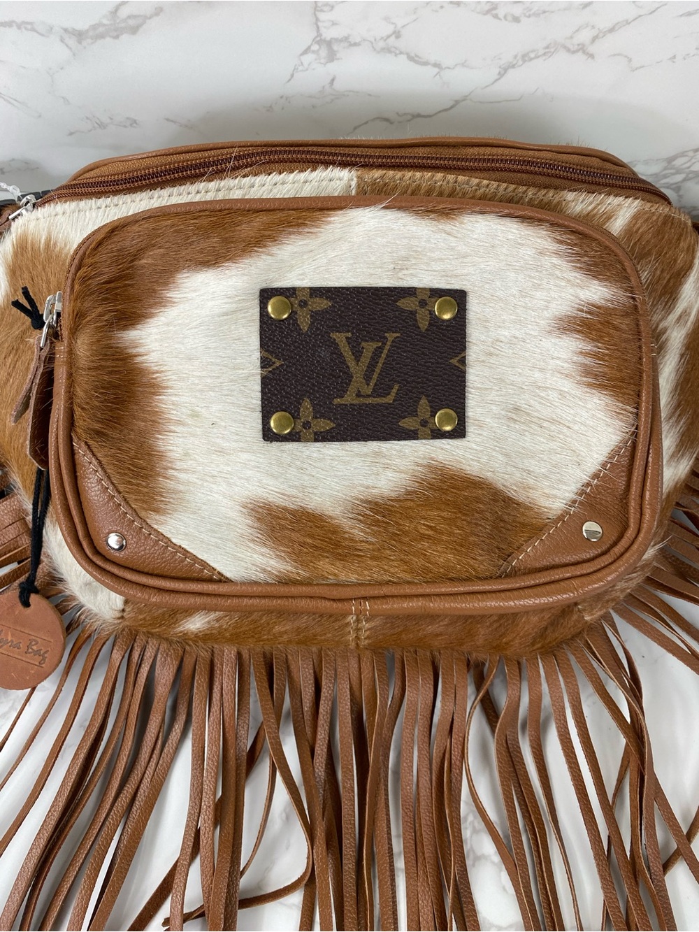 Mayra Brown & White Calf Hair Fringe Crossbody Bag upcycle